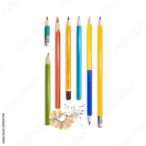 Realistic Detailed 3d Sharpened Color Pencil with a Rubber Band Set. Vector illustration of Different Pencils © bigmouse108