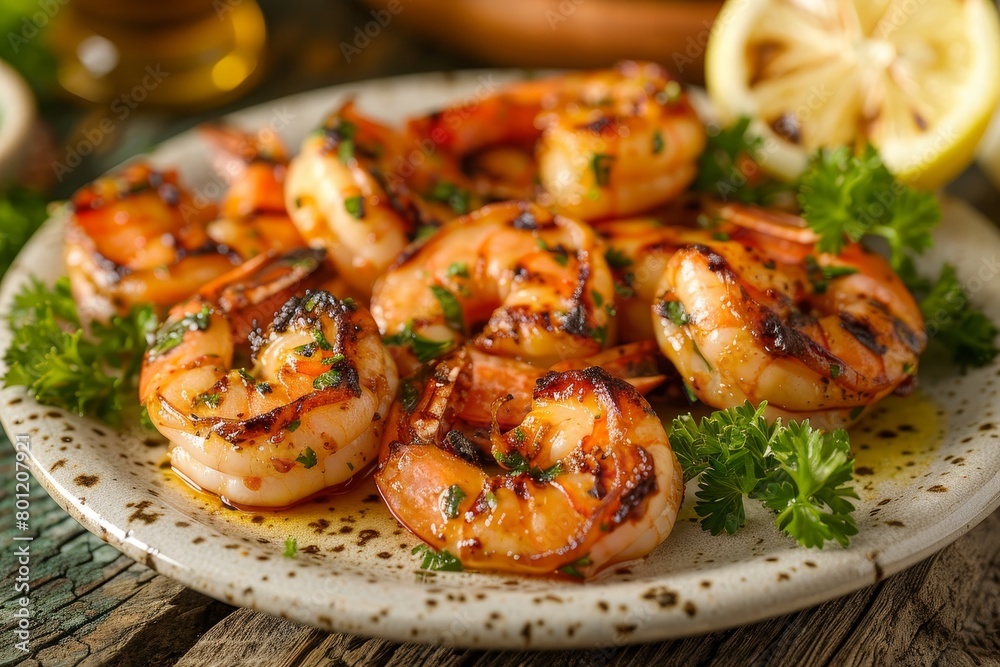Exquisite grilled shrimp elegantly served on a white plate, creating a stunning seafood presentation Exquisite grilled shrimp elegantly served on a white plate, creating a stunning seafood presentation
