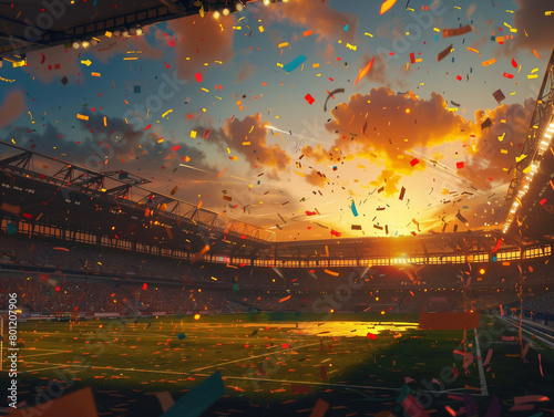 Soccer Stadium with garlands and confetti. Celebrating the winner team. Sunset.