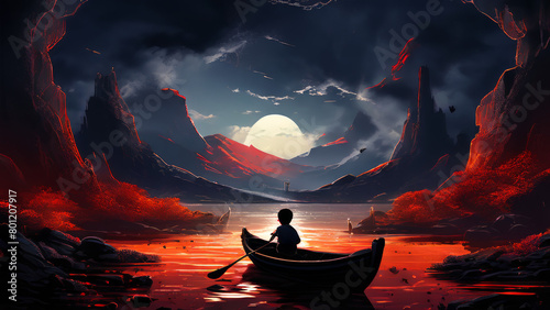 boy travels on a wooden boat through a beautiful world with the unusual color of the water surface, an ever-setting sun, a large active volcano and rocky mountains in desert colors