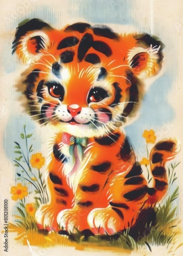 1970s Cute Tiger Cub With Big Eyes And Yellow Flowers  On a White Background  Retro Painting  Greeting Card Design