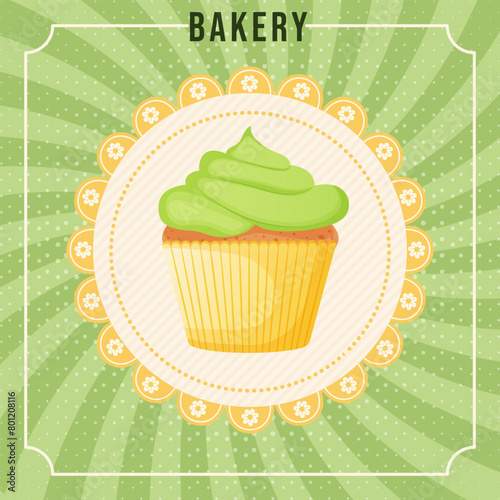 Card with cupcake. Sweet shop banner  poster  social  media post template with tasty muffin