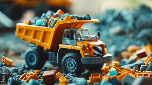 A toy dump truck filled with miniature construction materials