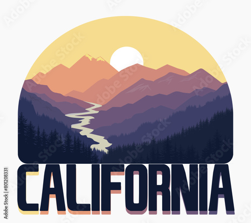 California Mountains t-shirt vector emblem graphics. Golden State National Forest print. Rock climbing typography, hiking stamp, , vintage tee apparel design