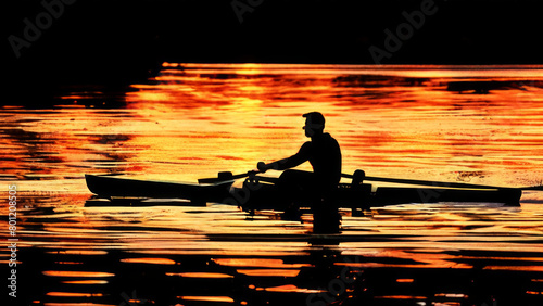 A merry group of friends rafting on a large mountain lake or river in the middle of the wilderness. Academic rowing