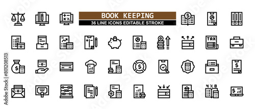 36 Book Keeping Line Icons Set Pack Editable Stroke Vector Illustration.