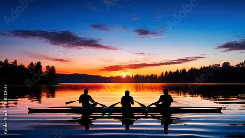A merry group of friends rafting on a large mountain lake or river in the middle of the wilderness. Academic rowing