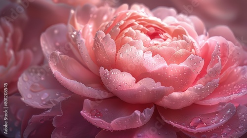 A beautiful pink peony flower with water droplets on its petals. photo