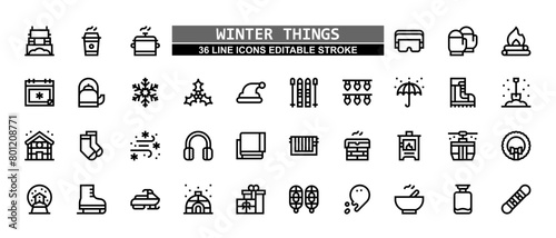 36 Winter Things Line Icons Set Pack Editable Stroke Vector Illustration.