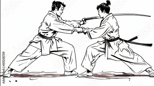 martial arts. Pair of men, sparring natural ring. Aikido.