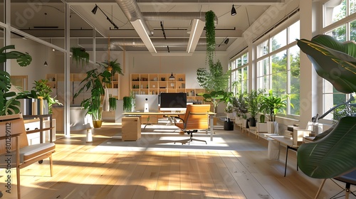 An environmentally friendly co working office space computer generated of an open plan office interio