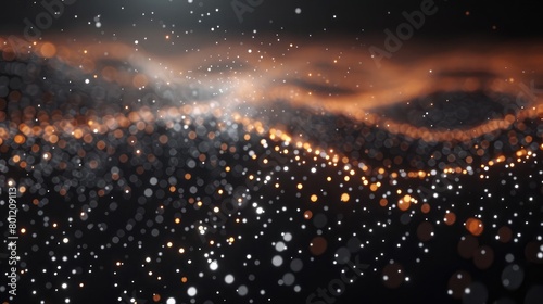 3D render of a modern techno background with digital particles ,Abstract background of glowing falling particles and moving magical energy waves ,shiny background purple graphics with bokeh  © Liaqat 