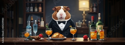 A small, dressed up guinea pig sits at a bar with a variety of drinks and food