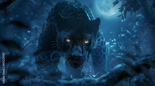 In a moonlit forest, a secretive black panther with glowing amber eyes prowls. photo