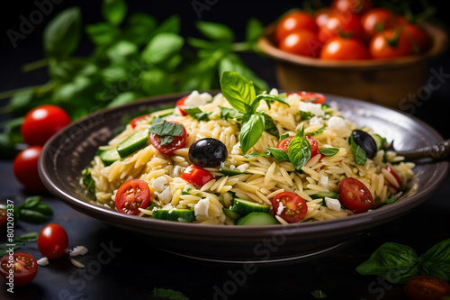 Bowl of mediterranean orzo salad with feta cheese, black olives vegetables and fresh herbs. Horizontal, close-up on dark background.