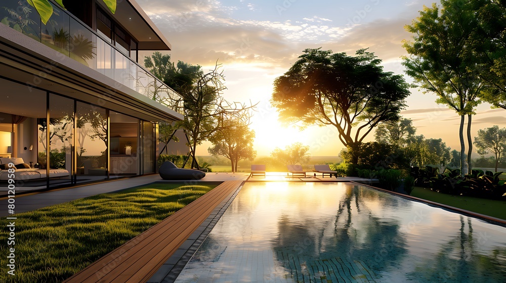 An outdoor terrace at sun set teak wooden tiling with swimming pool with trees and green grass