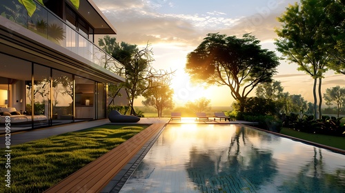 An outdoor terrace at sun set teak wooden tiling with swimming pool with trees and green grass