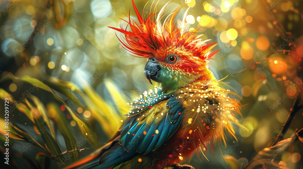 A beautiful, vibrant parrot sits on a branch in the jungle. The parrot has bright red, green, and blue feathers A beautiful, vibrant parrot sits on a branch in the jungle. The parrot has bright red, green, and blue feathers