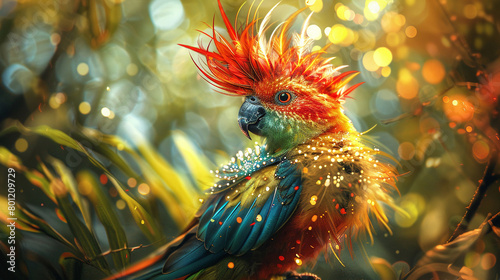 A beautiful  vibrant parrot sits on a branch in the jungle. The parrot has bright red  green  and blue feathers