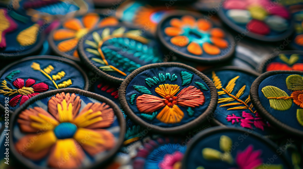 Realistic Embroidery Art: A Vibrant and Detailed Mockup of an Embroidered Patch for Apparel and Accessories