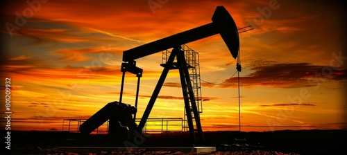 Silhouette of oil pump drilling during a stunning sunset in a picturesque oilfield setting photo