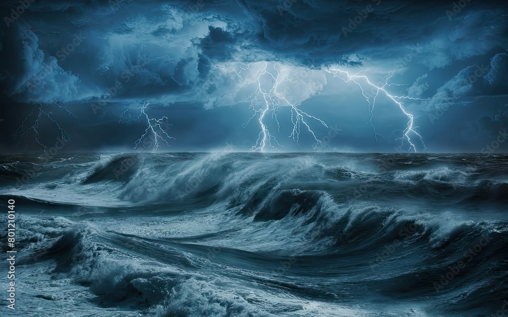 A powerful storm is looming over the ocean, with bolts of lightning striking the waters below. Generative AI