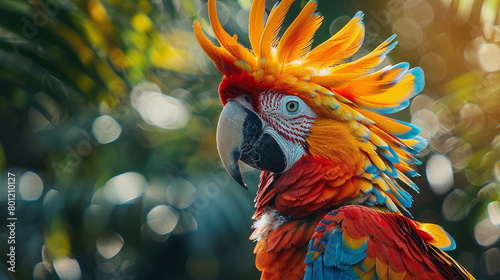 A beautiful Scarlet Macaw parrot with vibrant red, blue, and yellow feathers photo