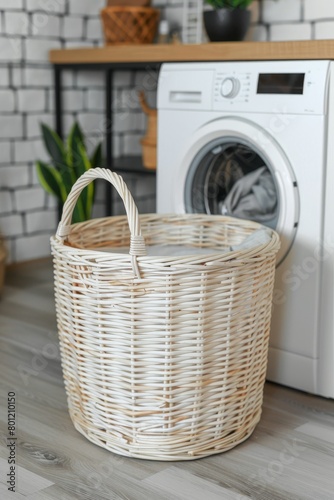 Laundry basket and washing machine with copy space on blurred background for text placement