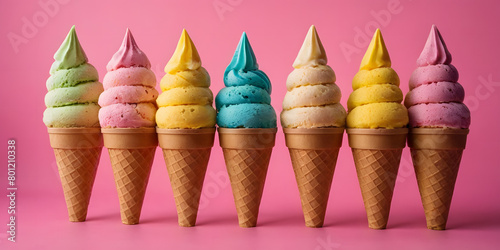 ice cream cones on bright pink background, bright background with ice creams