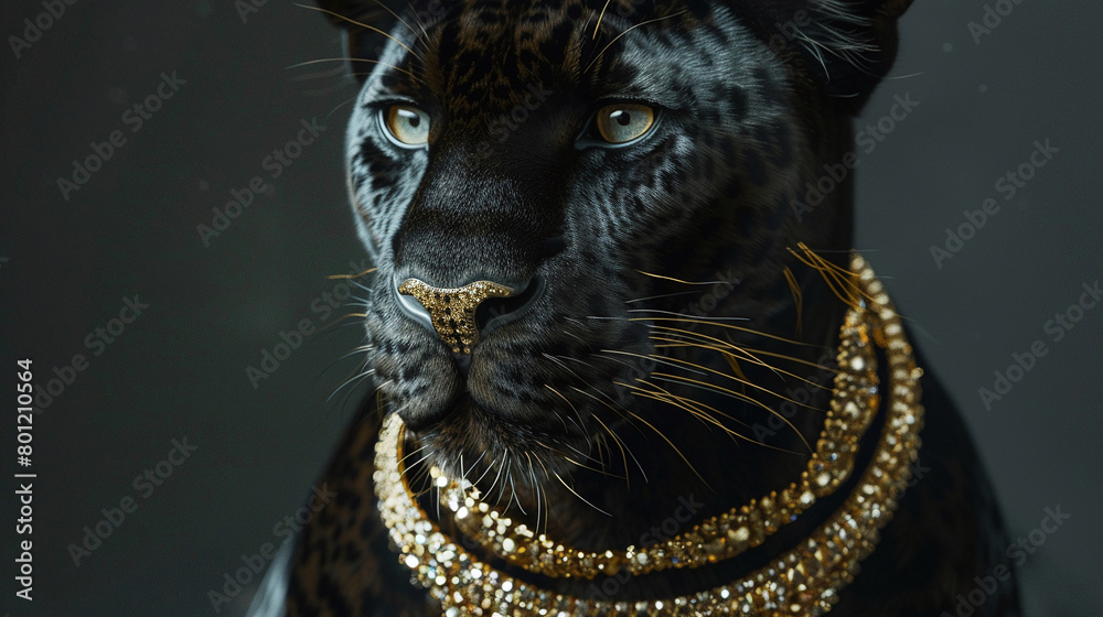 A black Tiger is wearing a gold necklace, staring at you with its green eyes