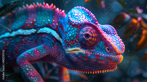 A bright multicolored chameleon is sitting on a branch looking at the camera