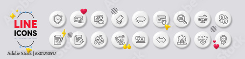 Presentation board, Card and Power certificate line icons. White buttons 3d icons. Pack of Tested stamp, Internet notification, Faq icon. Vector