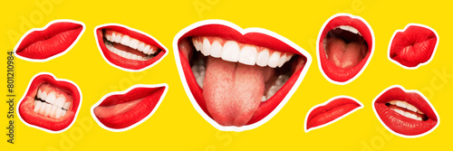 Vector illustration. Magazine style collage with female lips on bright yellow background. Smiling, mouth screaming, scratching, different emotions. Modern design, creative artwork, emotions concept.