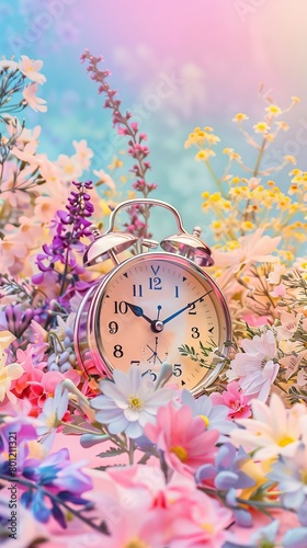 A vintage alarm clock surrounded by a pastel vibrant array of spring flowers on a soothing pastel background, illustrating the concept of spring time
