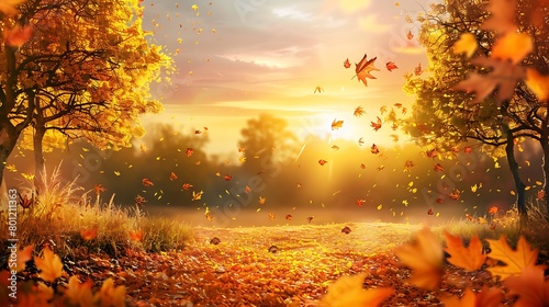 Autumn landscape with yellow trees sun colorful foliage falling leaves background