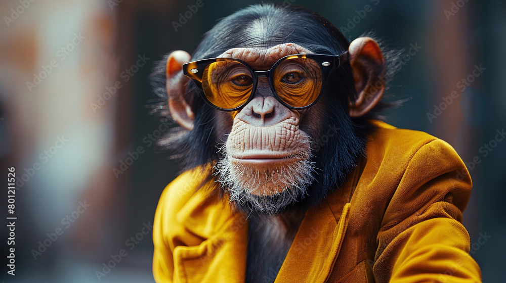 A chimpanzee wearing a suit and sunglasses, looking like a boss
