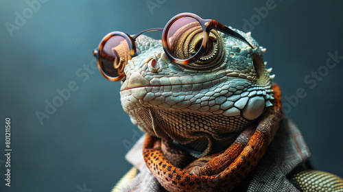 A close up photo of a green iguana wearing steampunk style glasses and a scarf