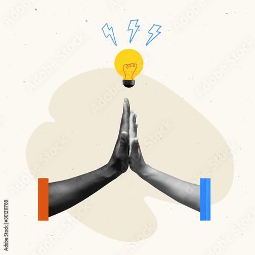 Vector illustration. Contemporary art collage. People holding hand to hand over light bulb. Creating ideas. Concept of business, success, growth, teamwork, career development. Copy space for ad