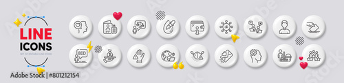 Cleaning, Passport and Discrimination line icons. White buttons 3d icons. Pack of Medical mask, Business meeting, Headshot icon. Eye drops, Voting ballot, Auction pictogram. Vector