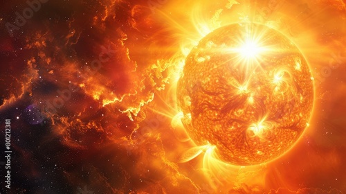 The surface of the sun with solar flares and space to copy  the concept of global warming. The day of the sun.