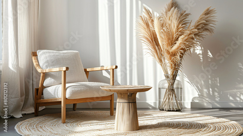 Stylish armchair and table with pampas grass photo