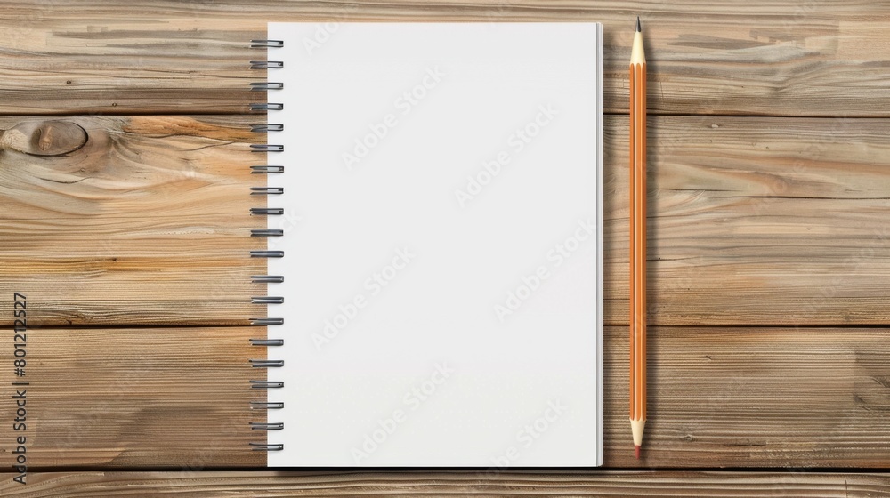 Top view of open spiral blank paper notebook with pencil on wooden table desk background. Top view Top view of open spiral blank paper notebook with pencil on wooden table desk background. Top view