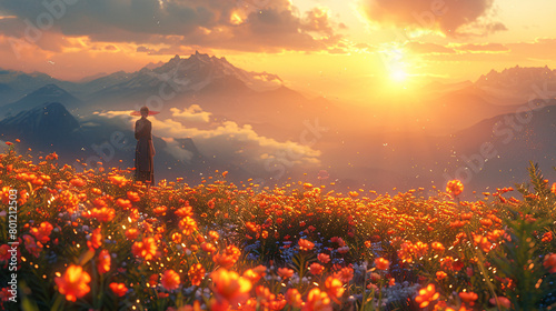 Person Standing in a Field of Orange Flowers at Sunset