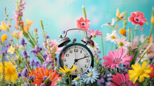 A vintage alarm clock surrounded by a pastel vibrant array of spring flowers on a soothing pastel background, illustrating the concept of spring time