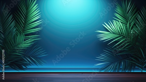 Modern trendy neon glowing light with neon green palm tropical leaves on a blue background.