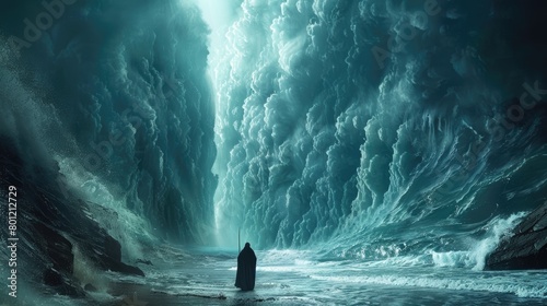 Moses parting the Red Sea, with towering walls of water on either side and a path emerging through the sea bed.