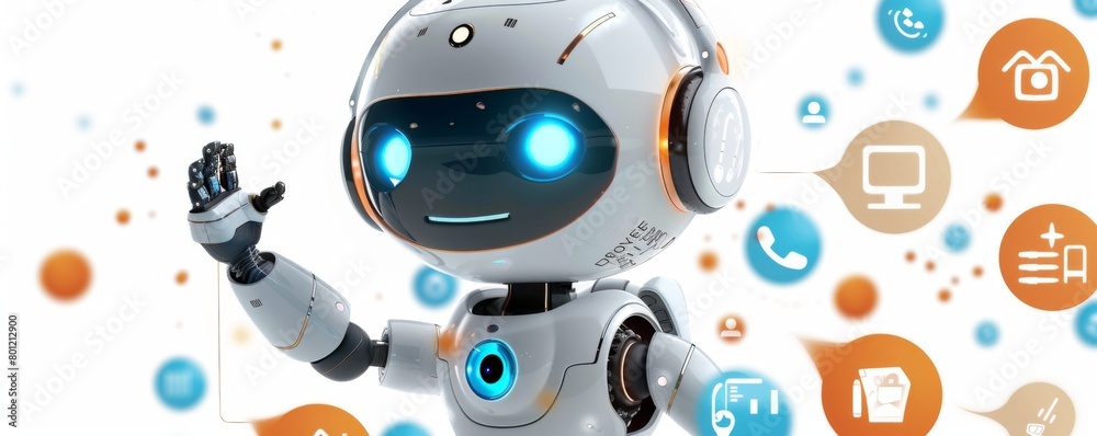 A cute robot with big eyes and a friendly smile is waving at the viewer. It has a white body and orange accents. The background is white with orange and blue accents. A cute robot with big eyes and a friendly smile is waving at the viewer. It has a white body and orange accents. The background is white with orange and blue accents.