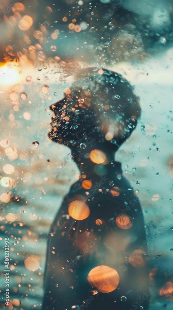 Silhouette Enveloped in Mist and Sparkling Droplets
Silhouette Enveloped in Mist and Sparkling Droplets