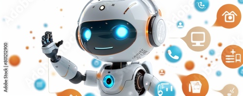 A cute robot with big eyes and a friendly smile is waving at the viewer. It has a white body and orange accents. The background is white with orange and blue accents. © ปรัชญา ตอพรม ตอพรม