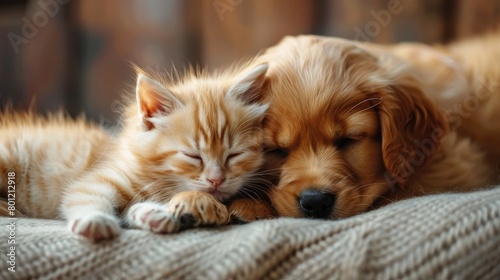 Puppy and kitten lie together.